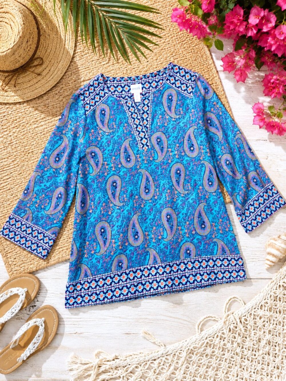 Chico's Paisley Tunic Top Blue Pink 3/4 Sleeve Tropical Boho Resort Size S/4